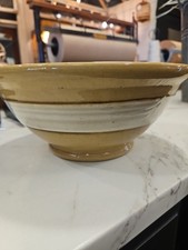 Antique Yellow Ware Stoneware Dough Mixing Bowl Medium 10.5” With Bands Stripes picture