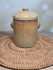 Vintage American Stoneware Bean Pot Covered Crock Bristol Glaze Lidded 2 Lug picture