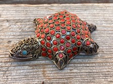 VTG TIBETAN TURQUOISE CORAL BRASS TURTLE FIGURINE FILIGREE NEPALESE GOOD LUCK picture