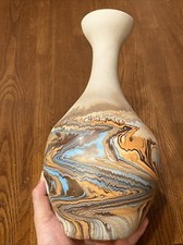 12” NEMADJI INDIAN RIVER EARTHEN SWIRL POTTERY NATIVE AMERICAN ORANGE BROWN BLUE picture