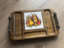 Vintage 70s Mid-Century Wooden Cheese Board Serving Tray with Brass Handles picture