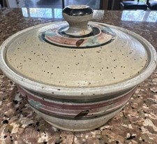 Dakota Stoneware Dish Crock Casserole W/Lid Blue Beige Pink Pottery Stamped EUC picture