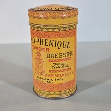 Antique 1910 Campho-Phenique Antiseptic Powder Yellow Medicine Tin. Full content picture