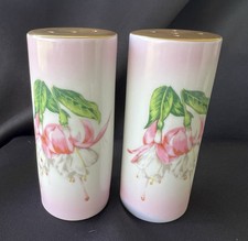 Floral Pink Fuchsia Porcelain Salt And Pepper Shakers Gold tops Handpainted 4” picture