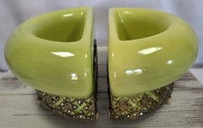 Vintage MCM Green Pottery Split Design Planters w/Brass Footed Base RARE picture