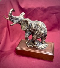 Large Heavy Bronze African Elephant Sculpture on Walnut Base, 12 Lbs picture