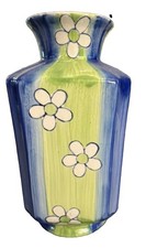 (2000s) Vintage Striped Daisy Motif Ceramic Vase – Hand-Painted Retro picture