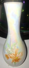 Vintage Iridescent Ceramic Lusterware Bud Vase With Orange Flowers picture