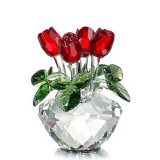 Red Rose Figurine Ornament Spring Bouquet Crystal Glass Flowers Gift-Boxed picture
