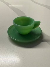 Vintage Green Miniature Akro Agate Jade Round Cup and Saucer Child's Toy picture