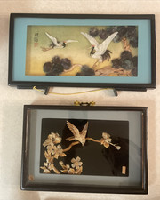 2 Vintage Framed Asian Shell Art Shadow Boxes - Birds Cranes Mother of Pearl picture