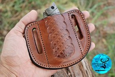 EDC CUSTOM HANDMADE ENGRAVED PANCAKE LEATHER SHEATH FOLDING BLADE KNIFE 1308 picture