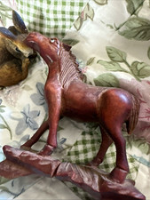 Hand Carved Wooden Horse Figurine on Base, Brown Wood Animal Decor picture
