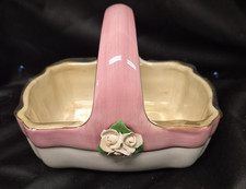 VTG Teleflora Ceramic Basket Pink & White/Gold Trim w/ Pink Porcelain Roses picture