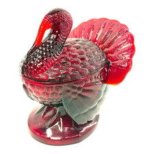L.E. Smith Turkey Candy Dish Unisex OS Amberina Good UV Glow Thanksgiving Glass picture