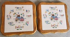 Pair Vtg Heartland by International Ceramic And Wood Trivet Wall Plaques picture