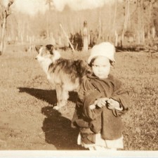 c1920s Toddler Girl Cloche Bonnet Coat Dog Collie Yard Orchard RPPC Postcard 779 picture