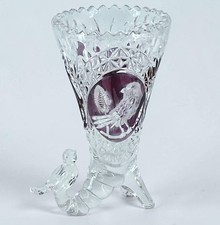 Vtg Hofbauer Byrdes Ruby Crystal 6.25” Cornucopia Vase Frost Cut w/ Sawtooth Rim picture