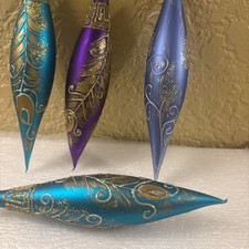 4  Teardrop Jewel Tuned  Blown Glass Christmas Ornaments 5”Feathered Gold (a36 picture