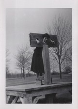 Woman in Pillory Stocks Colonial Punishment Funny Odd Historic VINTAGE PHOTO picture