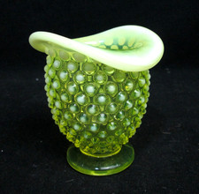 Fenton Glass Vaseline Opalescent Hobnail Rolled top 3.25