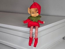 Vintage Shelf Sitter Christmas Elf Pixie Ornament Red Green Felt Doll picture