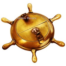 Antique Brass Cigarette Ashtray Vintage Anchor Inalid Nautical Wheel Cigar Case picture