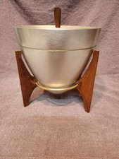 Vintage Mirro Medallion Aluminum Bullet Ice Bucket Teak Tripod Atomic MCM 1950s picture