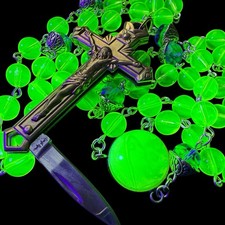Uranium Glass Holy Rosary W/  Knife Crucifix Mori Skull  Glowing  24
