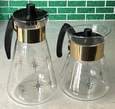 2 Vtg MCM Corning Heat Proof Glass Coffee Carafe Atomic Gold Starburst 4 & 6 Cup picture