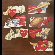 7  Vintage  Valentines  Anthropomorphic Worm Butterfly Skate Grasshopper Bat Etc picture