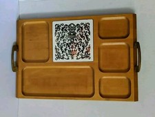 Vtg Cheese Tray Wood & Tile Brass Handles Serving PartyTray Gold Floral Bird Pic picture