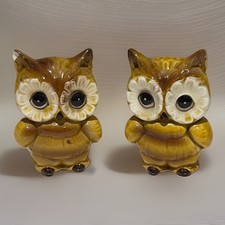 Vintage Lefton Owl Couple Salt & Pepper Shakers Mr & Mrs. Kitschy Mid Century picture