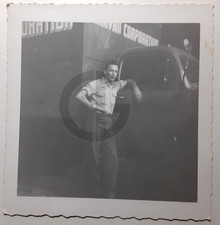 Man Posing @ Box Truck, Movers? Caravan Corporation?: 1950's Snapshot Photo picture
