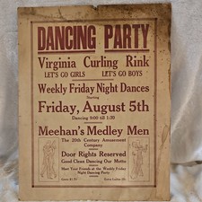 Vtg 1920s Dancing Party Poster Virginia MN Curling Rink Ad Extra Women 25 cents picture