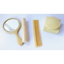Vintage 4 Lot Deco Early Plastic Vanity Items Celluloid Comb Mirror Containers picture