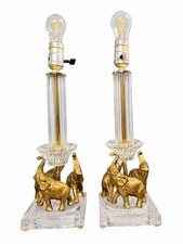 Vintage Pair Brass Elephant Crystal Glass Table Lamps Hollywood Regency picture