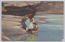 Vintage Pueblo Indian Woman at Spring New Mexico Linen Postcard 1948 picture