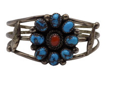 Vintage Signed Native American Mary S Lew Turquoise Coral Floral Cuff Bracelet picture