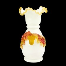 Stevens & Williams Style Victorian Glass Vase, White/Applied Acorn & Leaves picture