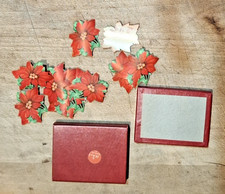 Vintage Red Box with Slide Drawer with 12 Gummed Poinsettia Christmas Card Seals picture