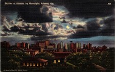 Atlanta GA Skyline of Atlanta by Moonlight Postcard unused 1930s/40s picture