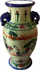 Vintage Japanese Satsuma Style Hand Painted Ceramic Vase Twin Handles Landscape picture