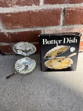 Vintage Leonard Silver-Plated Clam Shell Butter Dish Set Crystal Liners Knife picture