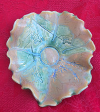 Vintage Kani of Hawaii Handmade Seafoam Green & Amber Pottery Leaf Dish W Geckos picture