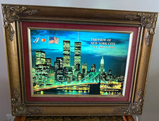 Framed illustration illuminated pre 9/11 New York City twin towers Skyline Print picture