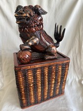 Vintage Shanghai Zhejiang Handicrafts Wicker Bamboo Foo Dog Box 1970s Rare  picture