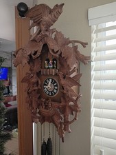 RARE VINTAGE LARGE DEEP CARVED MUSICAL CUCKOO CLOCK & DAMCERS LARGE BIRD WORKING picture