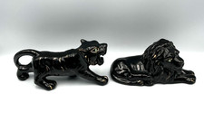 Vintage MCM Ceramic Lion & tiger Figurine Set Gold Trim Green Jewel Eyes picture