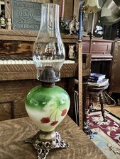 Antique Victorian Style Glass Oil Lamp Green White Strawberry Pattern Base Old picture